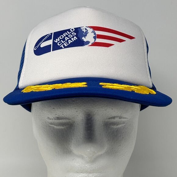 Vintage Cummins Trucker Hat Baseball Cap Engines 90s Gold Leaves Snapback Blue - Picture 2 of 11